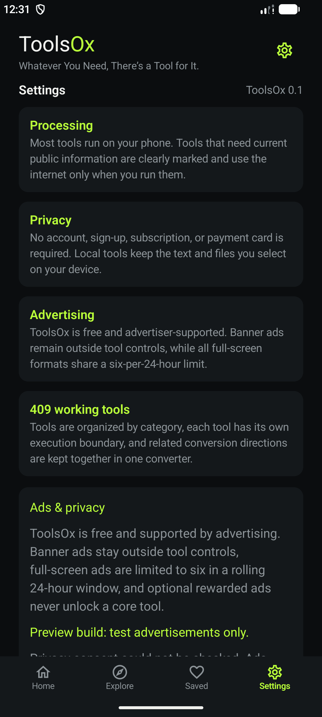 ToolsOx privacy and app settings